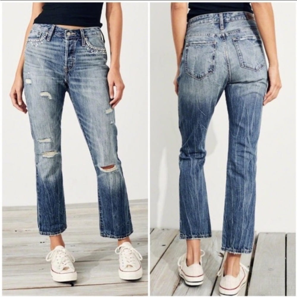 Hollister High Rise Vintage Straight denim jean sz 3R Pearl rhinestone‎ bling